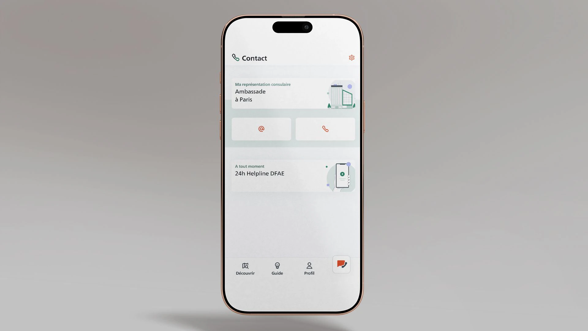 L’image montre un écran de smartphone affichant l’application SwissInTouch ouverte à la page des contacts dans la représentation.